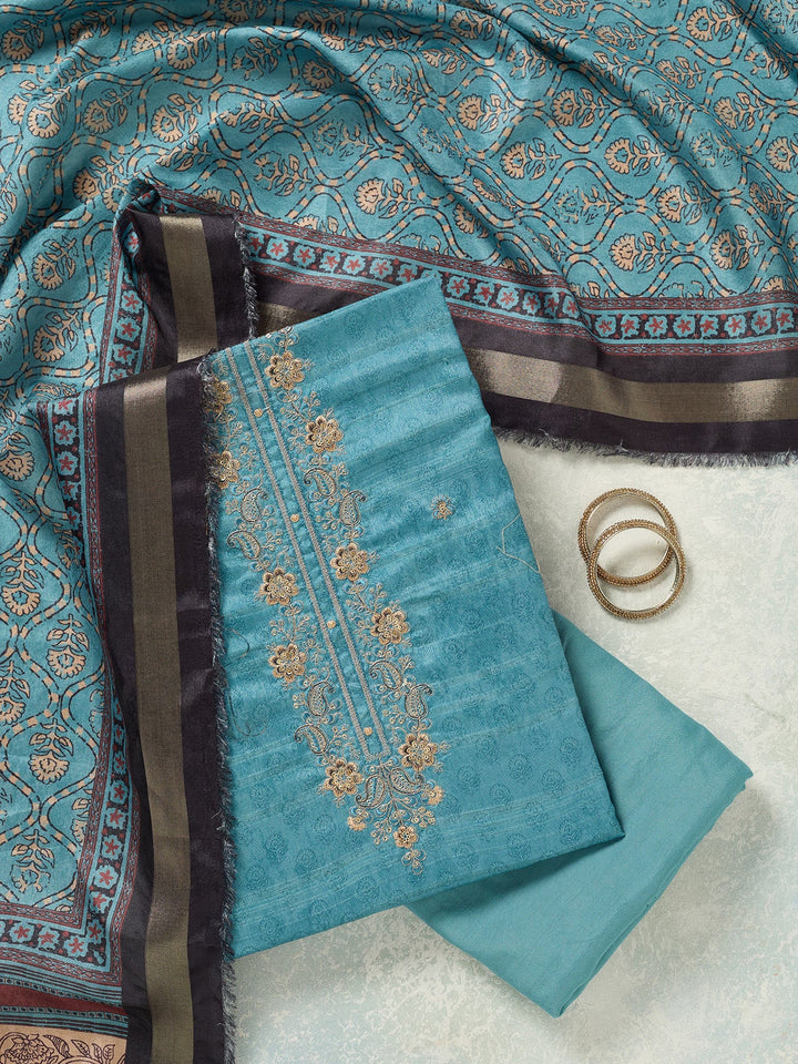 Sky Blue Threadwork Chanderi Unstitched Salwar Suit-koskii