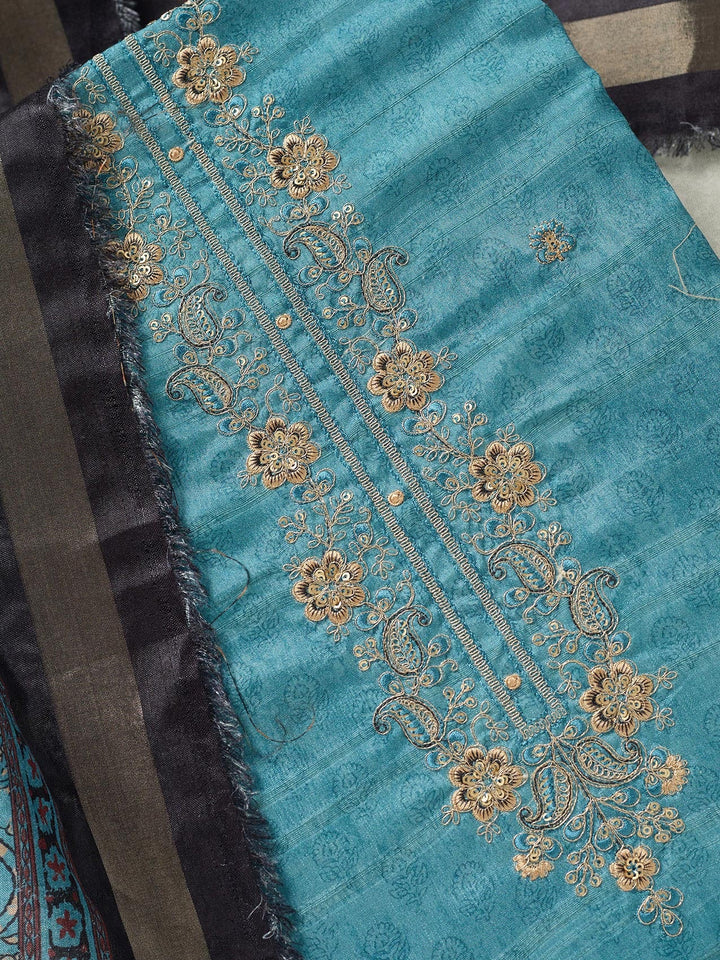 Sky Blue Threadwork Chanderi Unstitched Salwar Suit-koskii