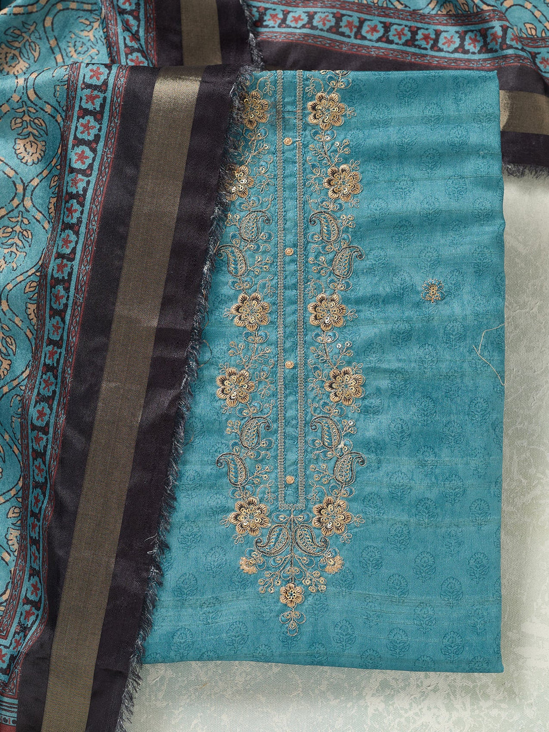 Sky Blue Threadwork Chanderi Unstitched Salwar Suit-koskii