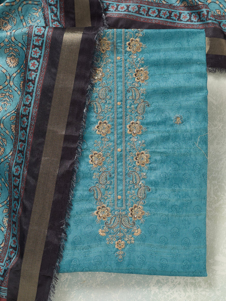 Sky Blue Threadwork Chanderi Unstitched Salwar Suit-koskii