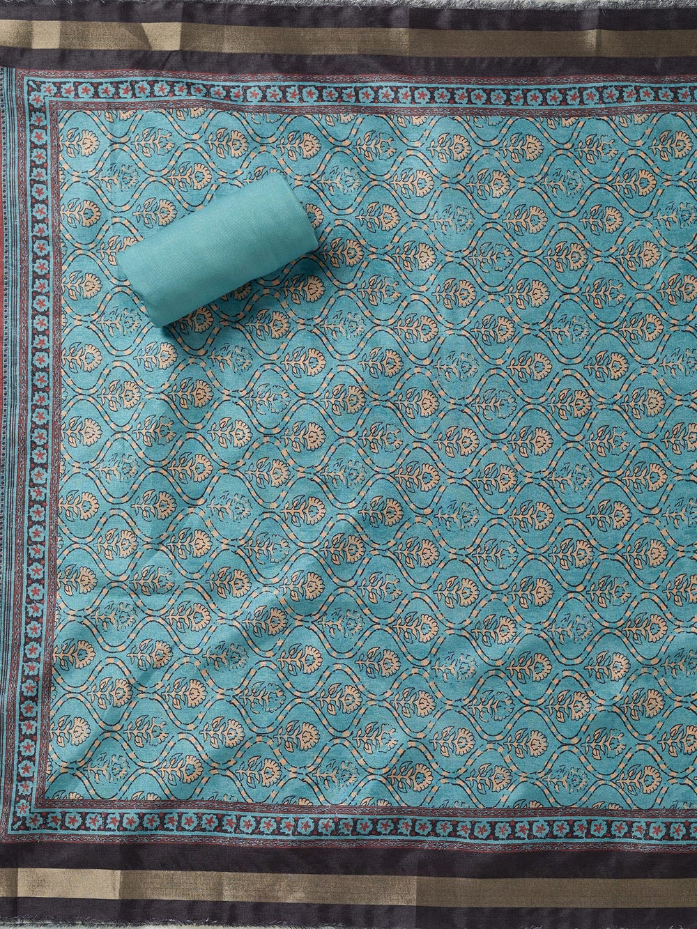 Sky Blue Threadwork Chanderi Unstitched Salwar Suit-koskii