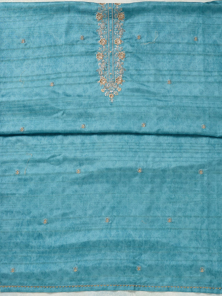 Sky Blue Threadwork Chanderi Unstitched Salwar Suit-koskii