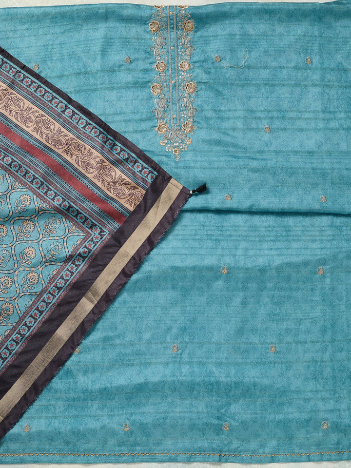 Sky Blue Threadwork Chanderi Unstitched Salwar Suit-koskii