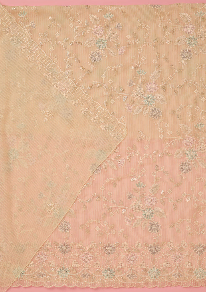 Cream Threadwork Semi Crepe Unstitched Salwar Suit-koskii