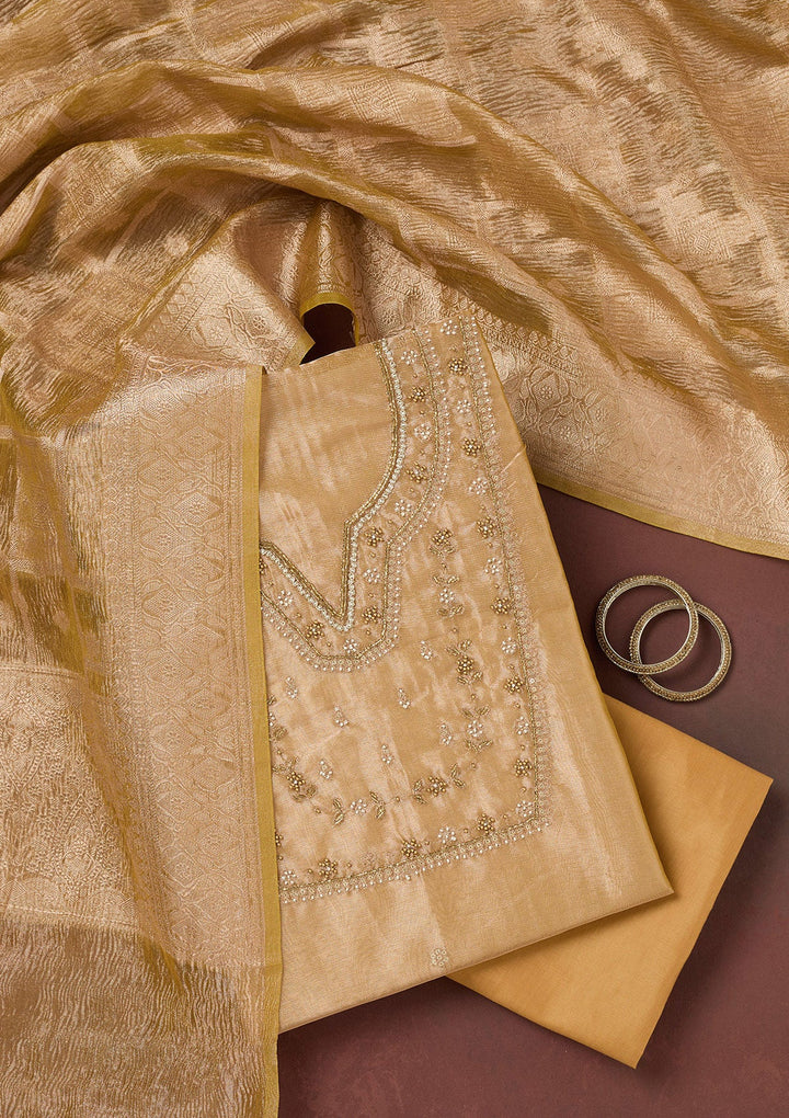 Gold Zardozi (Gold) Tissue Unstitched Salwar Suit-koskii
