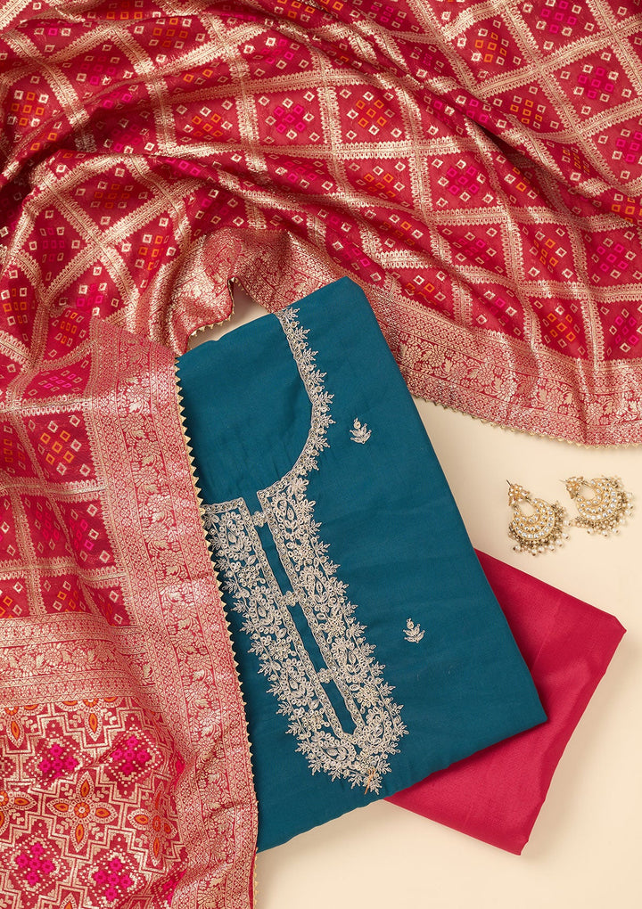 Blue Zariwork Soft Raw Silk Unstitched Salwar Suit-koskii