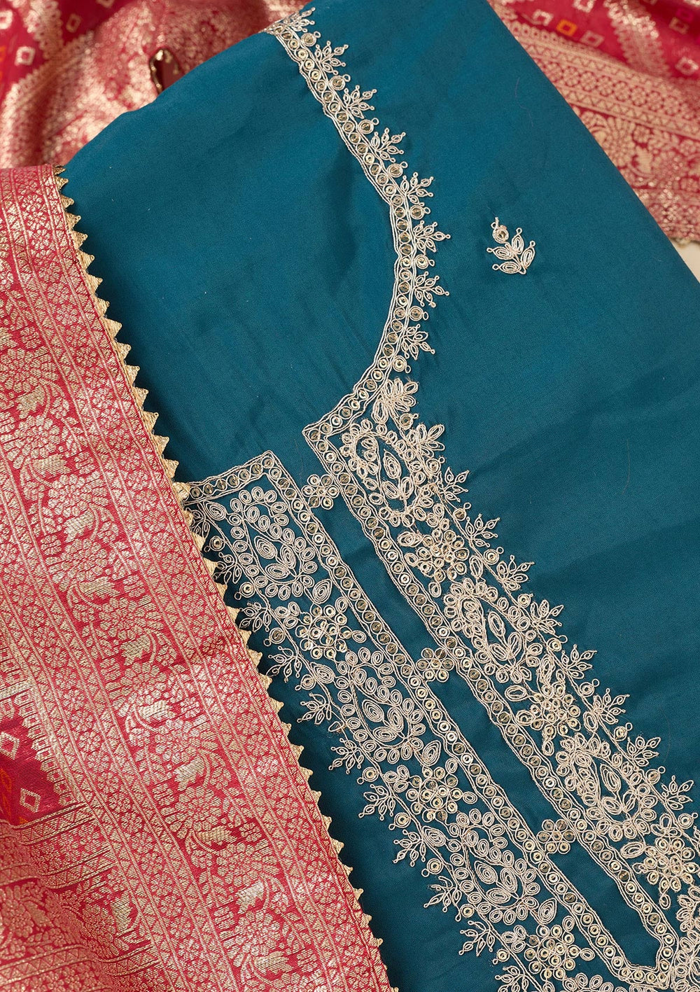 Blue Zariwork Soft Raw Silk Unstitched Salwar Suit-koskii