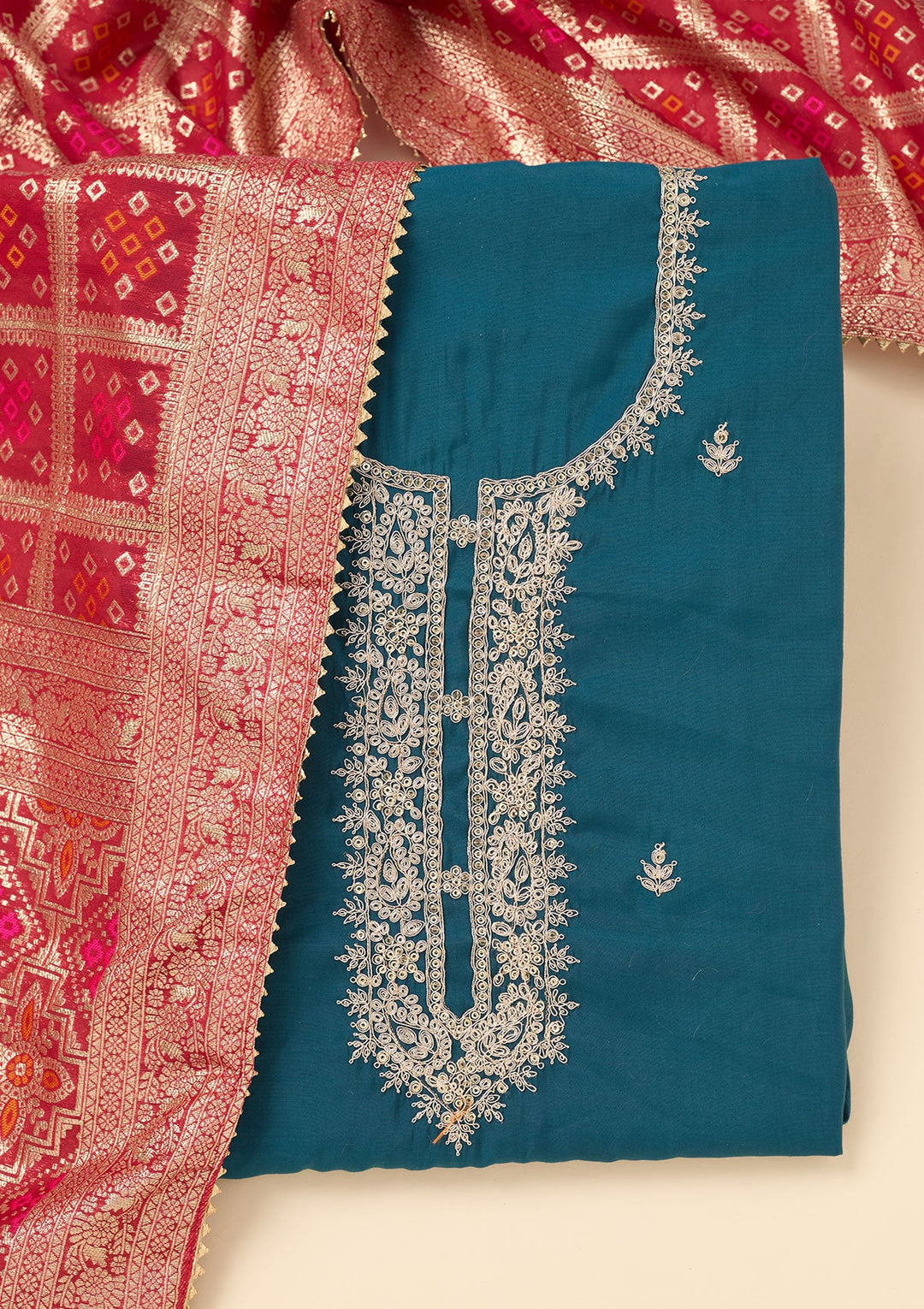 Blue Zariwork Soft Raw Silk Unstitched Salwar Suit-koskii