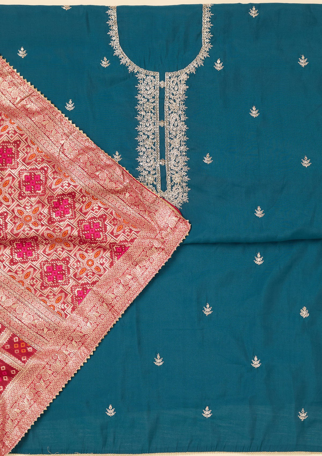 Blue Zariwork Soft Raw Silk Unstitched Salwar Suit-koskii