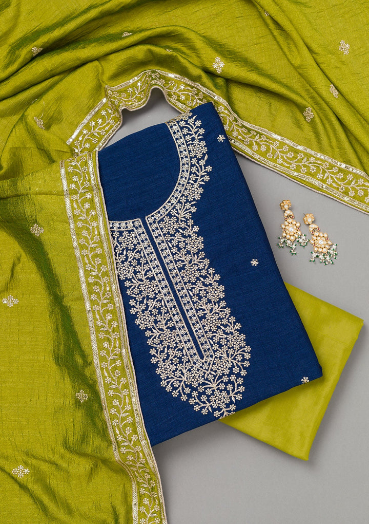 Royal Blue Zariwork Soft Raw Silk Unstitched Salwar Suit-koskii