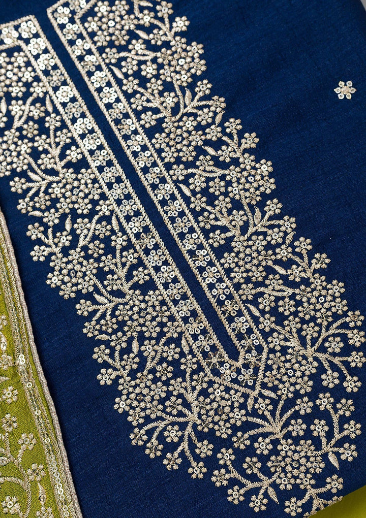 Royal Blue Zariwork Soft Raw Silk Unstitched Salwar Suit-koskii