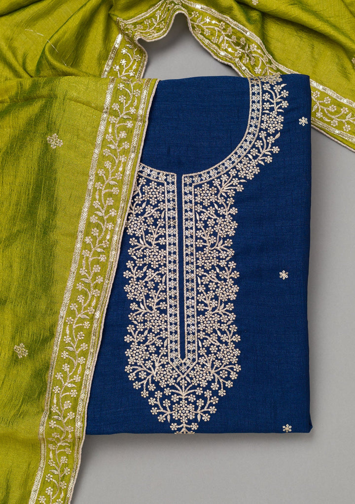 Royal Blue Zariwork Soft Raw Silk Unstitched Salwar Suit-koskii