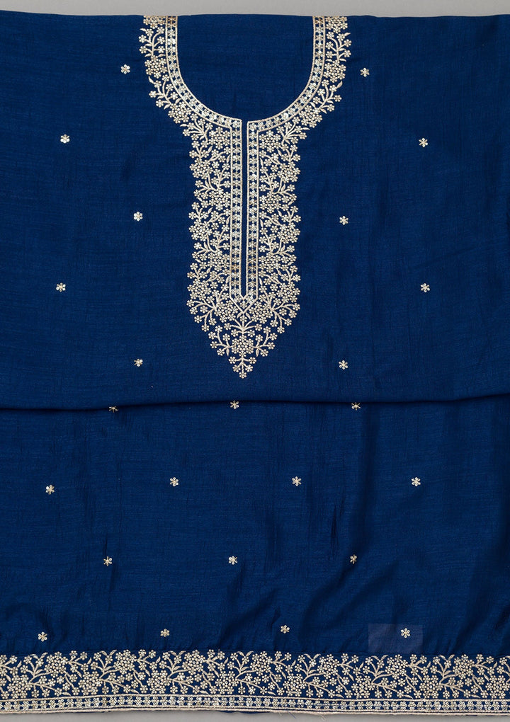 Royal Blue Zariwork Soft Raw Silk Unstitched Salwar Suit-koskii