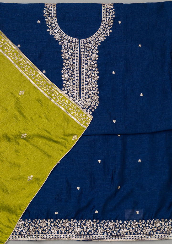 Royal Blue Zariwork Soft Raw Silk Unstitched Salwar Suit-koskii