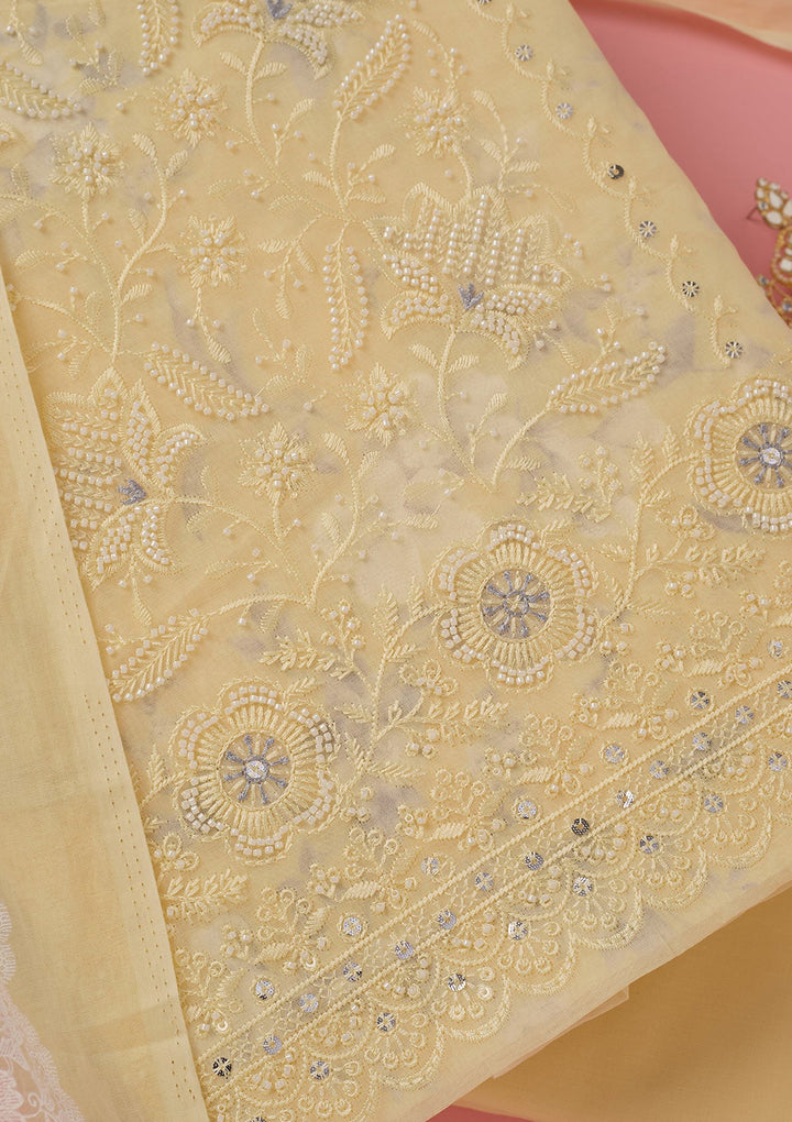 Lemon Yellow Threadwork Cotton Unstitched Salwar Suit-koskii