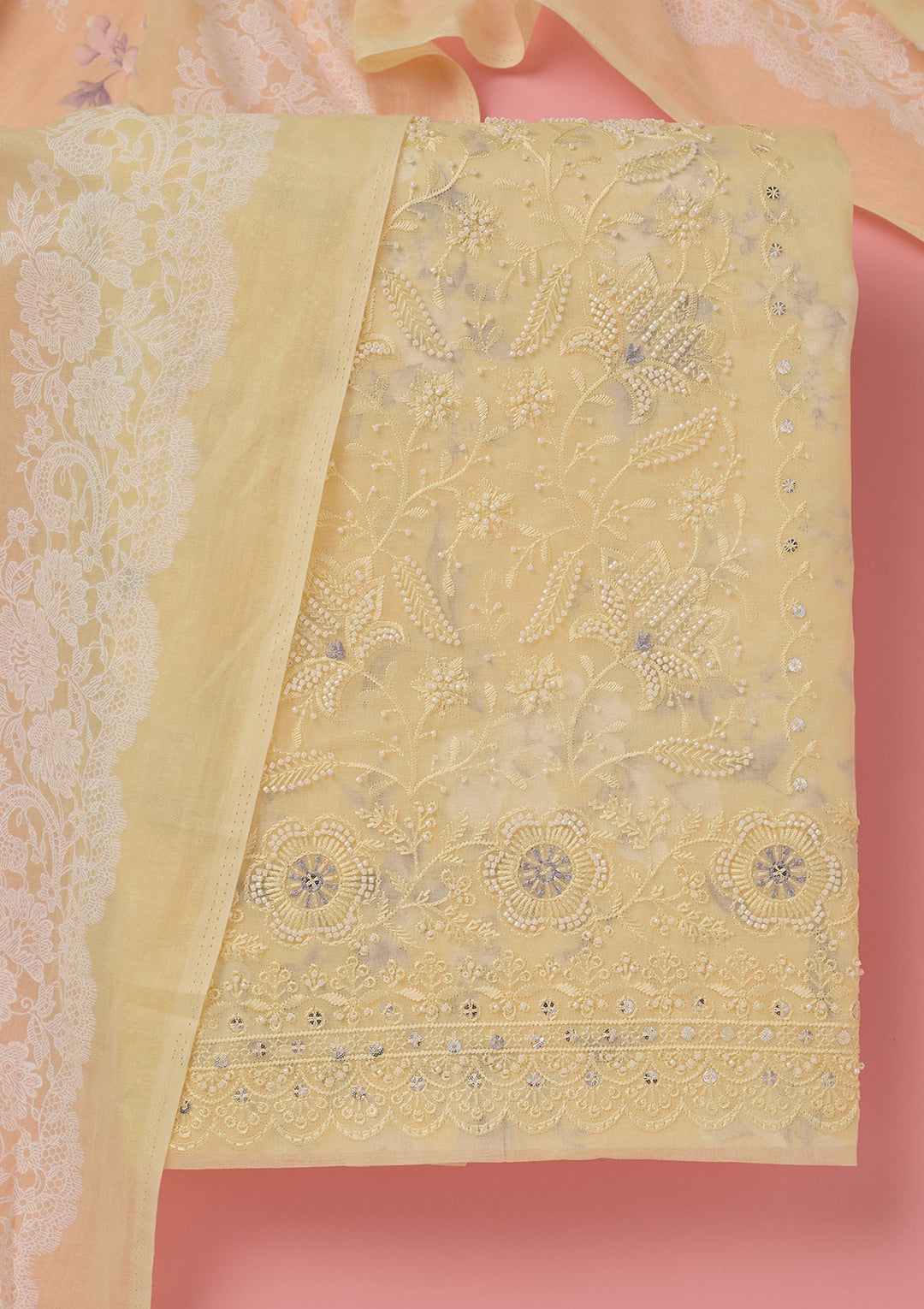 Lemon Yellow Threadwork Cotton Unstitched Salwar Suit-koskii