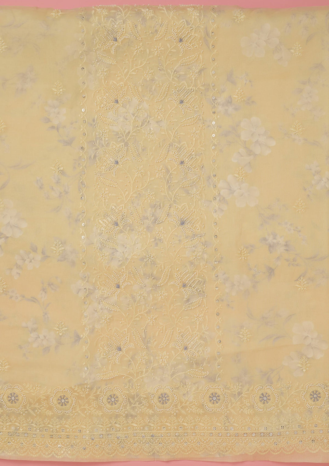 Lemon Yellow Threadwork Cotton Unstitched Salwar Suit-koskii