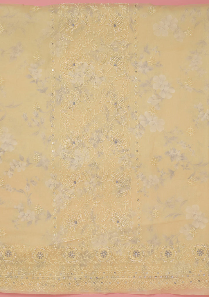 Lemon Yellow Threadwork Cotton Unstitched Salwar Suit-koskii