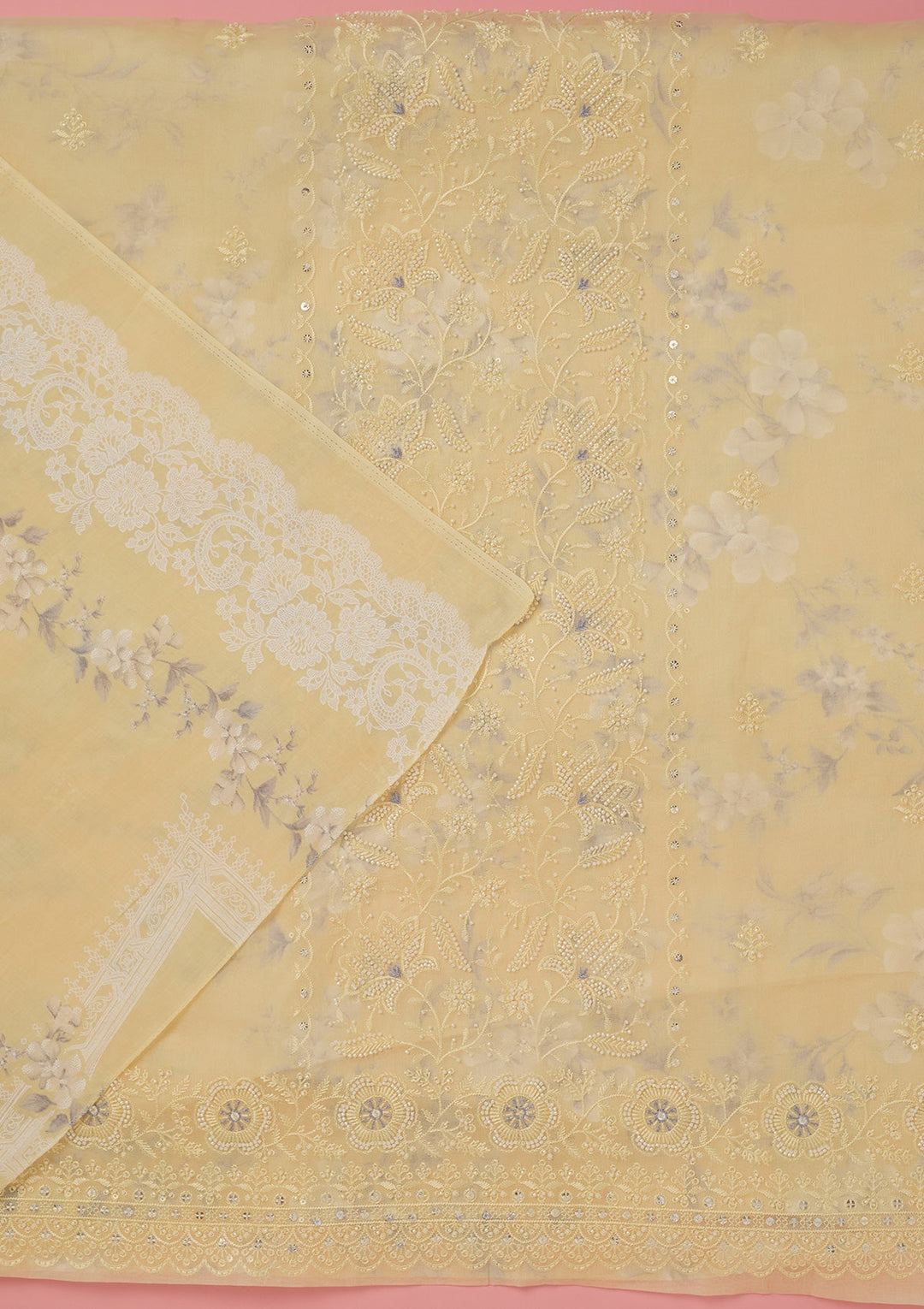 Lemon Yellow Threadwork Cotton Unstitched Salwar Suit-koskii