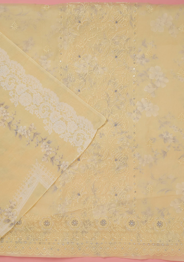 Lemon Yellow Threadwork Cotton Unstitched Salwar Suit-koskii