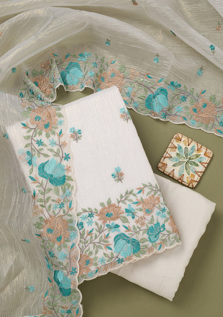 Beige Threadwork Tissue Unstitched Salwar Suit-koskii