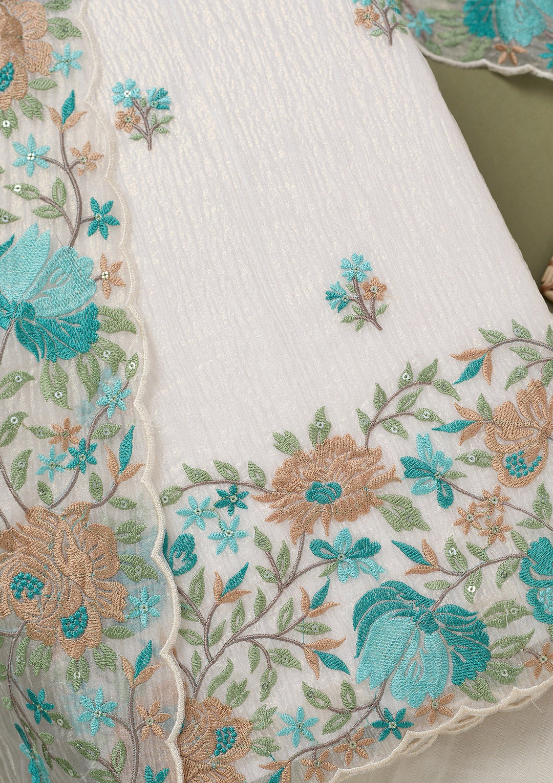 Beige Threadwork Tissue Unstitched Salwar Suit-koskii