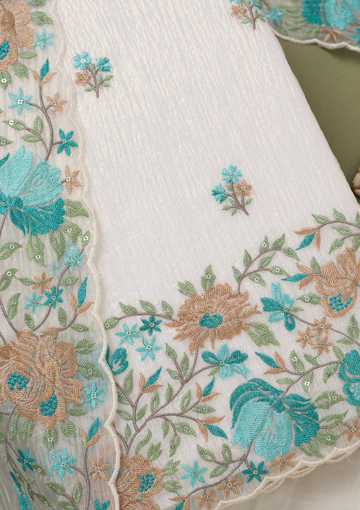 Beige Threadwork Tissue Unstitched Salwar Suit-koskii