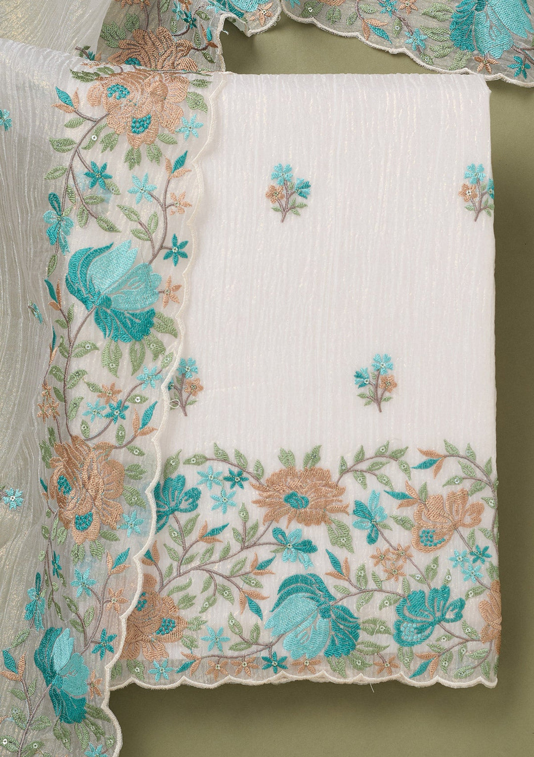 Beige Threadwork Tissue Unstitched Salwar Suit-koskii