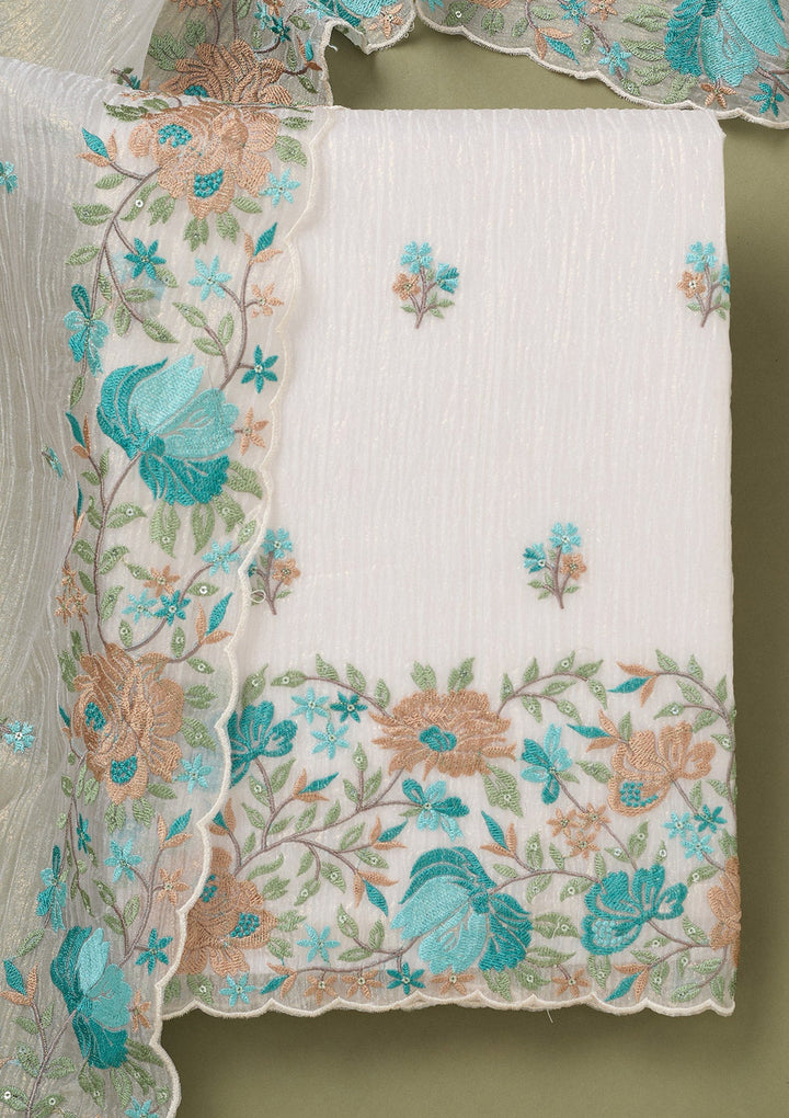 Beige Threadwork Tissue Unstitched Salwar Suit-koskii