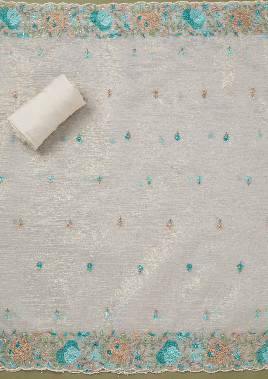 Beige Threadwork Tissue Unstitched Salwar Suit-koskii