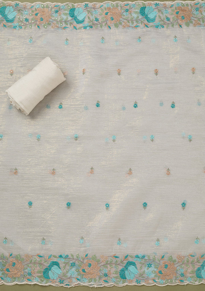 Beige Threadwork Tissue Unstitched Salwar Suit-koskii