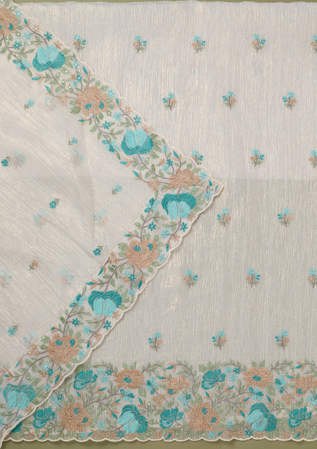 Beige Threadwork Tissue Unstitched Salwar Suit-koskii