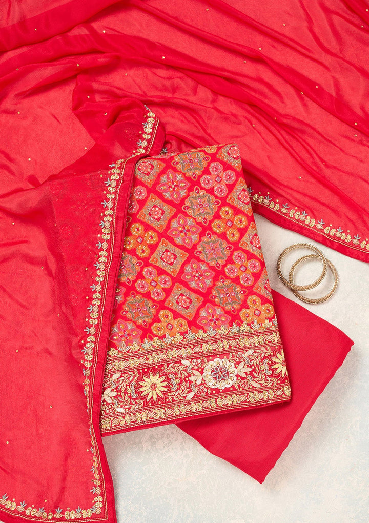 Red Cutdana Georgette Unstitched Salwar Suit-Koskii