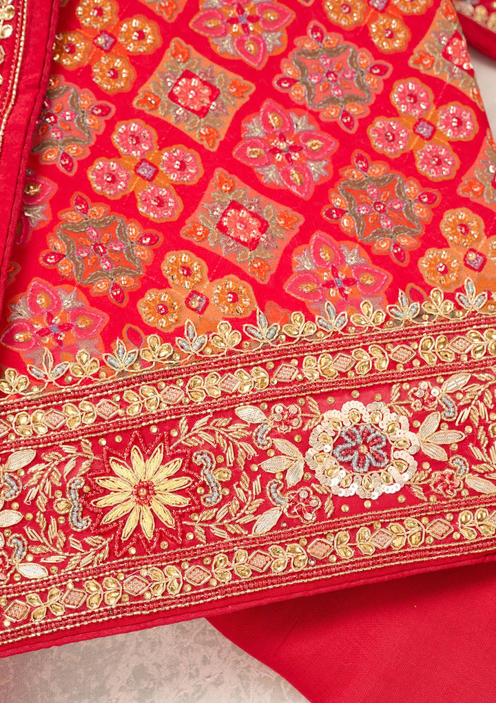 Red Cutdana Georgette Unstitched Salwar Suit-Koskii