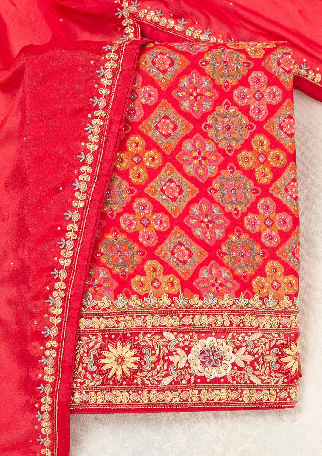 Red Cutdana Georgette Unstitched Salwar Suit-Koskii