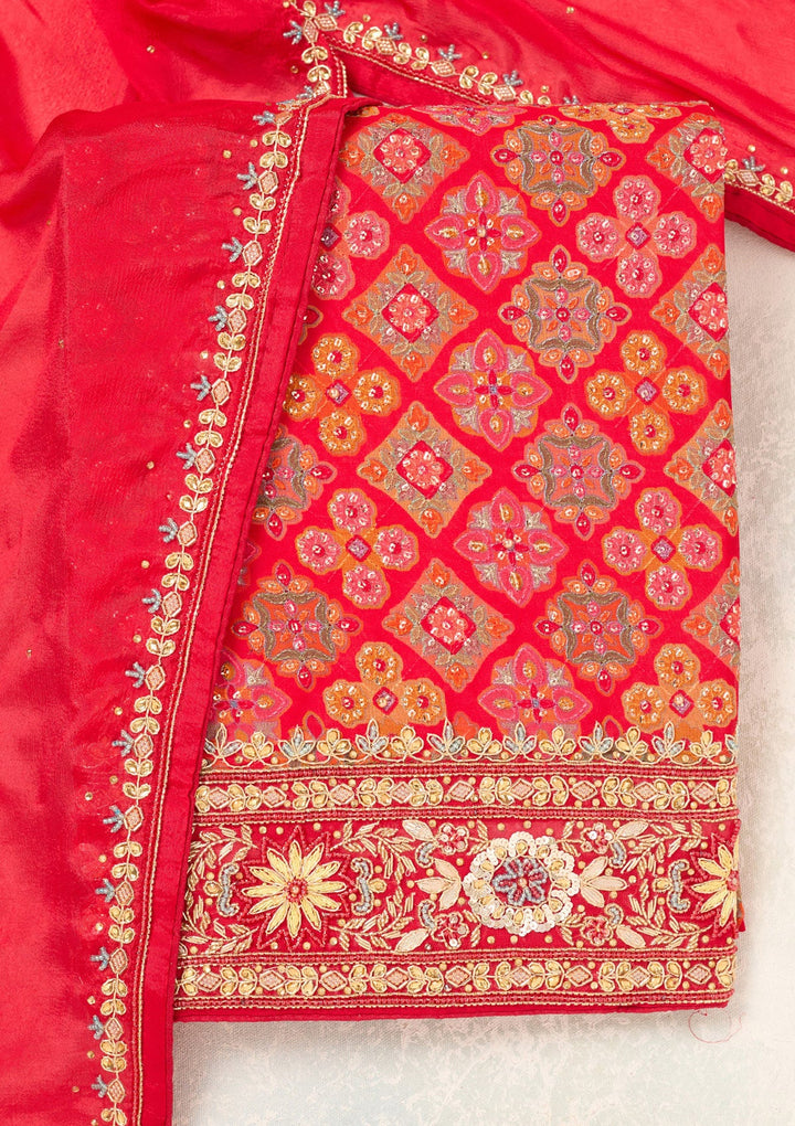 Red Cutdana Georgette Unstitched Salwar Suit-Koskii