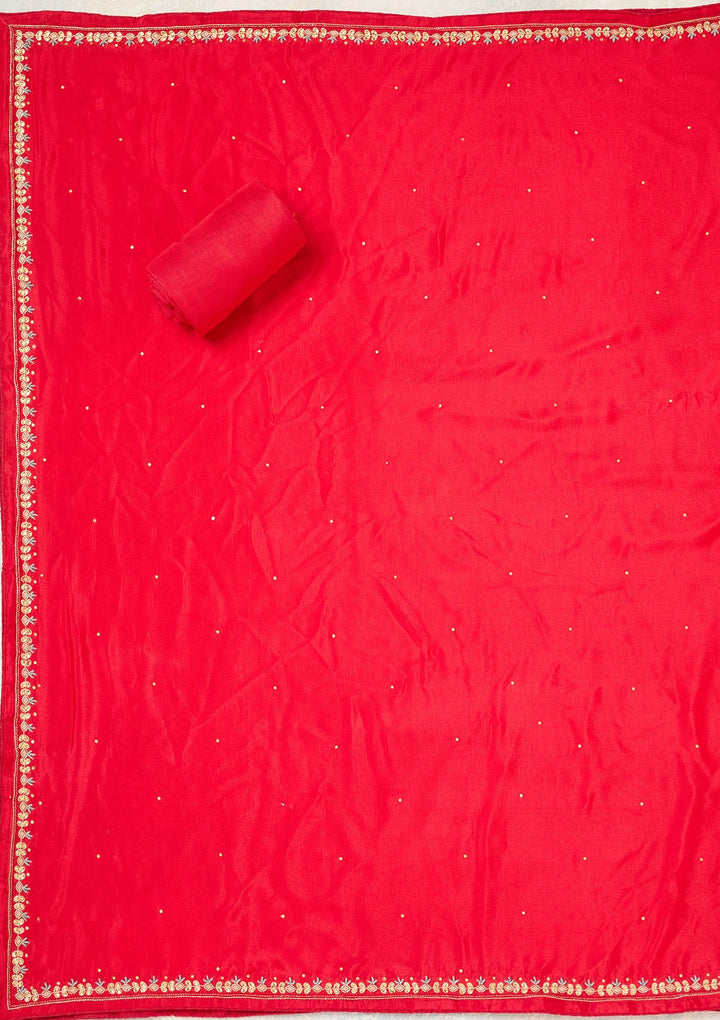 Red Cutdana Georgette Unstitched Salwar Suit-Koskii