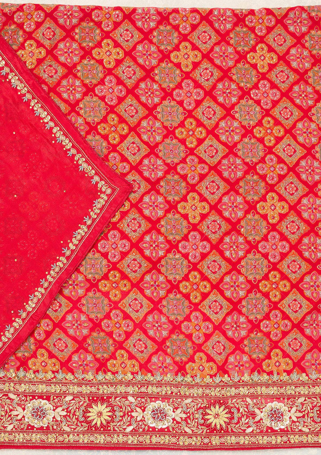 Red Cutdana Georgette Unstitched Salwar Suit-Koskii