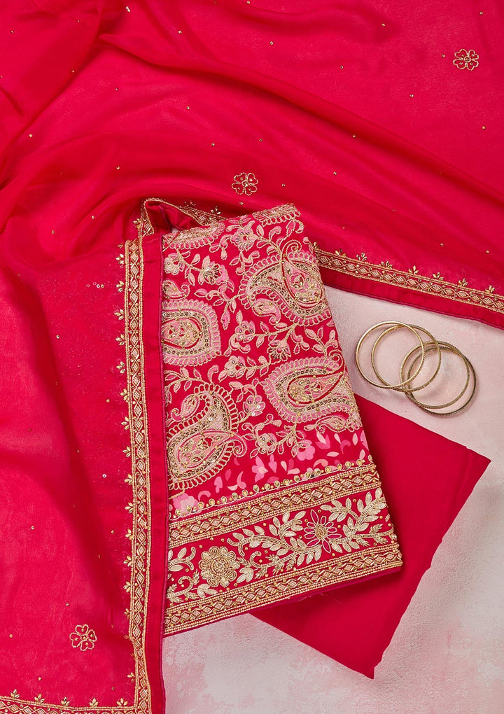 Rani Pink Stonework Semi Crepe Unstitched Salwar Suit-Koskii