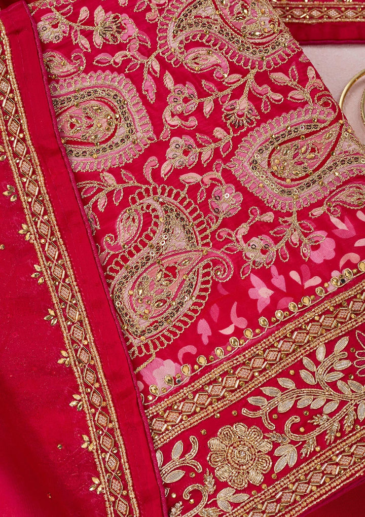 Rani Pink Stonework Semi Crepe Unstitched Salwar Suit-Koskii