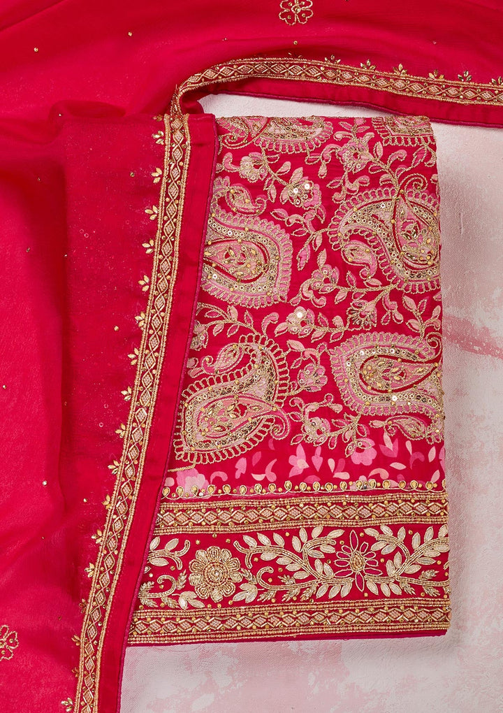 Rani Pink Stonework Semi Crepe Unstitched Salwar Suit-Koskii