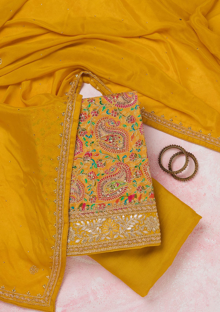 Yellow Stonework Semi Crepe Unstitched Salwar Suit-koskii
