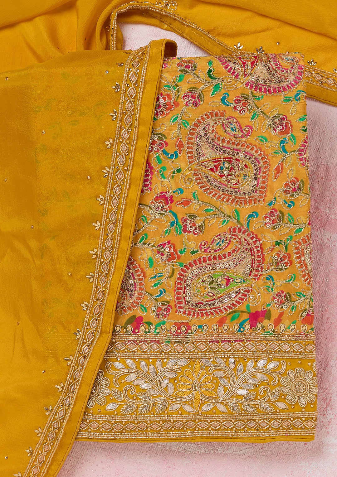 Yellow Stonework Semi Crepe Unstitched Salwar Suit-koskii