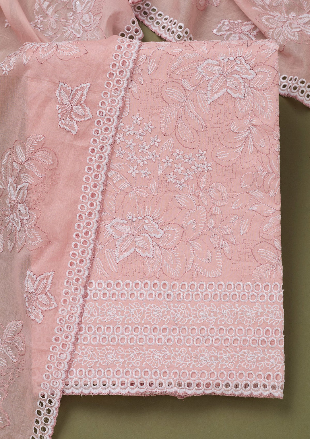 Peach Threadwork Cotton Unstitched Salwar Suit-koskii