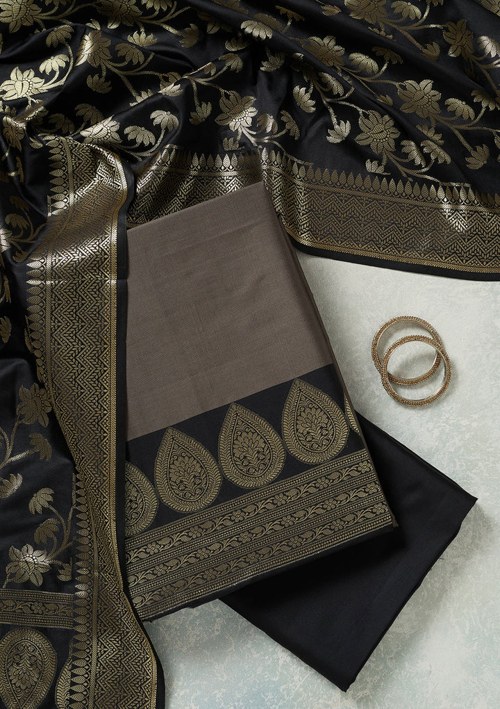 Grey Zariwork (Gold) Banarasi Unstitched Salwar Suit-koskii