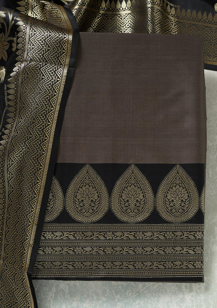 Grey Zariwork (Gold) Banarasi Unstitched Salwar Suit-koskii