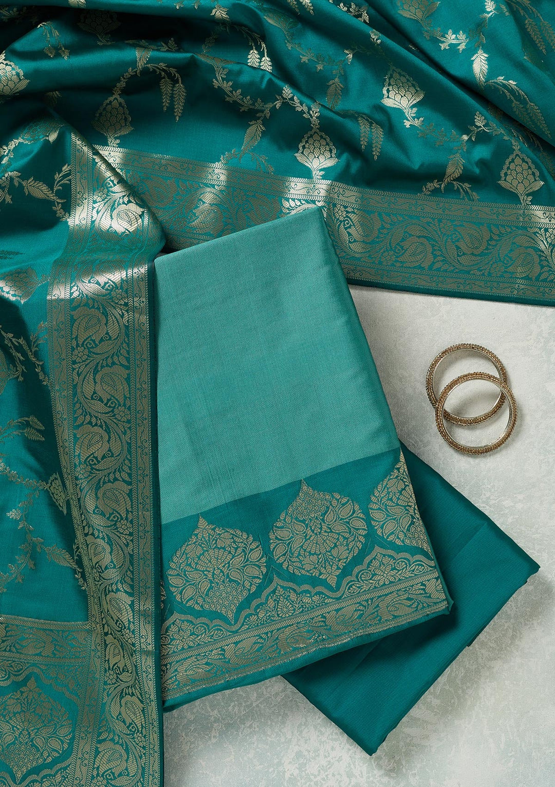 Sea Green Zariwork (Gold) Banarasi Unstitched Salwar Suit-koskii