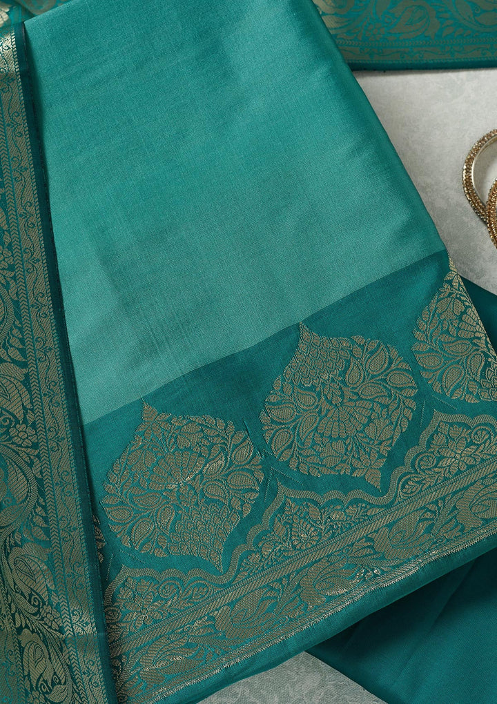 Sea Green Zariwork (Gold) Banarasi Unstitched Salwar Suit-koskii