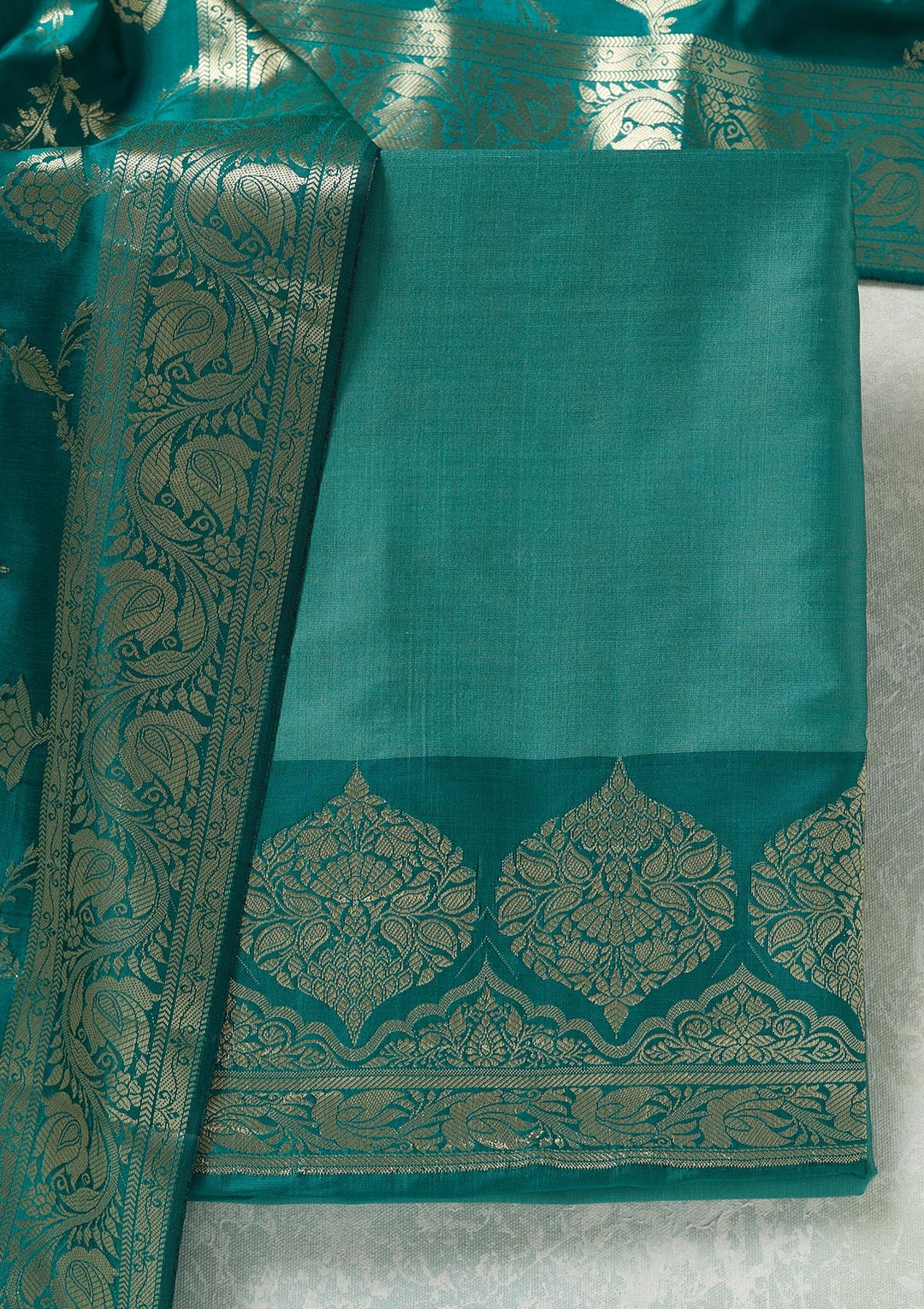Sea Green Zariwork (Gold) Banarasi Unstitched Salwar Suit-koskii