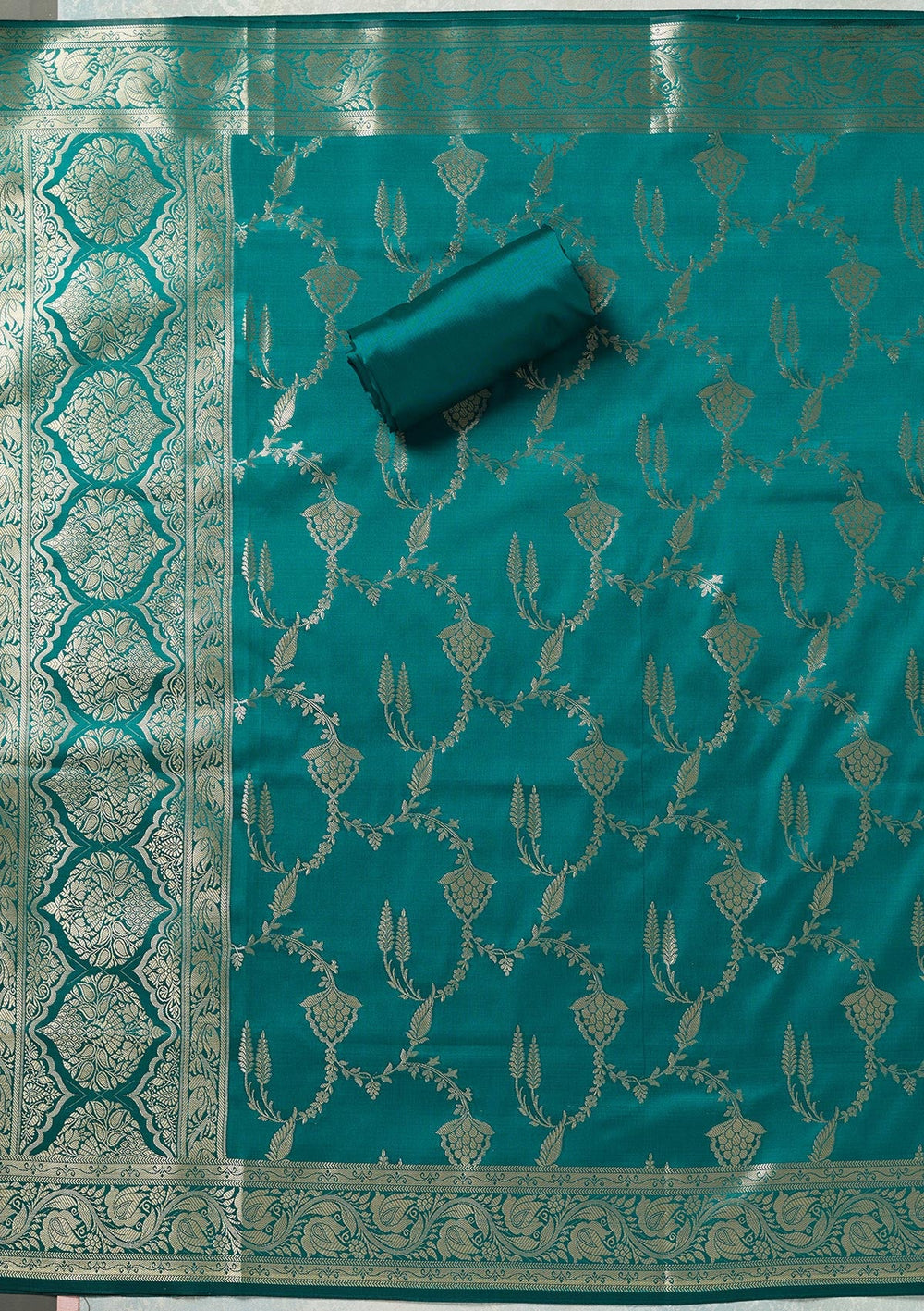 Sea Green Zariwork (Gold) Banarasi Unstitched Salwar Suit-koskii